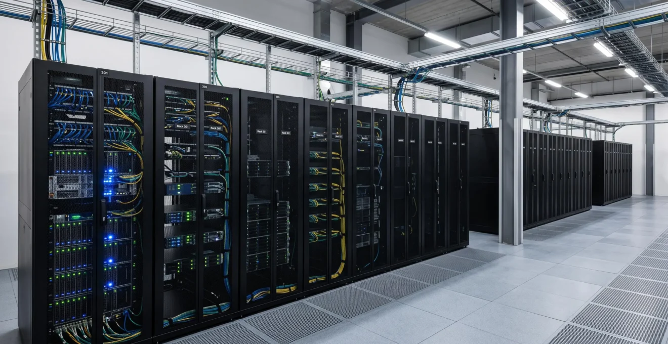 Salle de serveurs moderne avec rangées de racks d'équipements informatiques et indicateurs LED dans un datacenter professionnel
