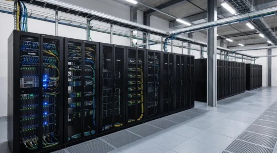 Salle de serveurs moderne avec rangées de racks d'équipements informatiques et indicateurs LED dans un datacenter professionnel
