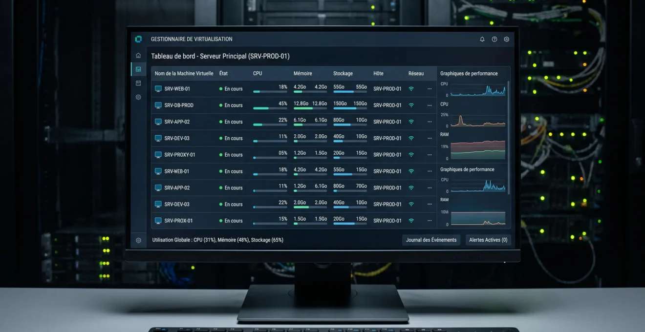 Écran d'administration de virtualisation affichant plusieurs machines virtuelles en cours d'exécution avec leurs allocations de ressources et graphiques de performance en temps réel