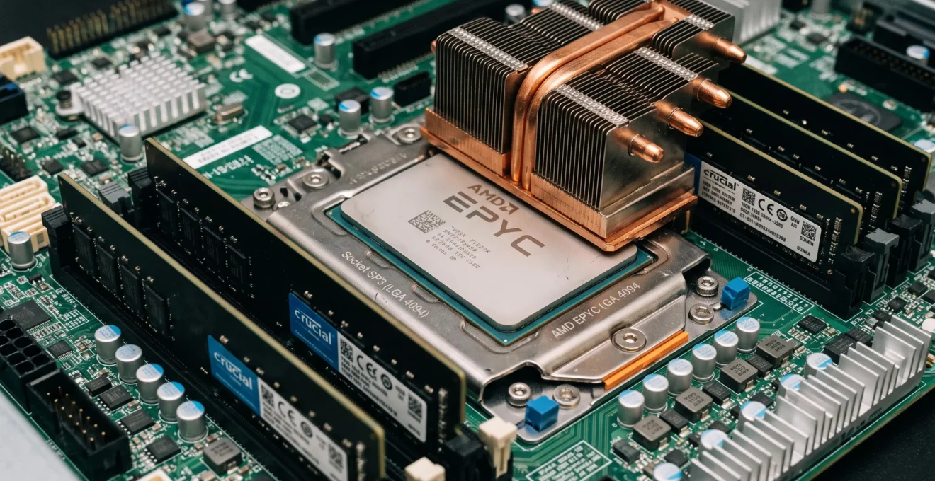 Processeur serveur multi-cœur Intel Xeon installé sur carte mère professionnelle avec dissipateur thermique massif et modules de mémoire ECC DDR5 environnants