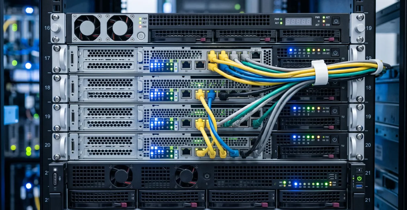 Gros plan sur des serveurs montés en rack avec indicateurs LED et câbles réseau dans un datacenter