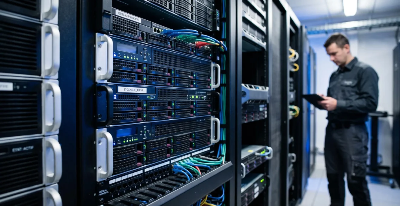 Rangées de serveurs rack professionnels montés dans une baie de datacenter moderne, avec LED de statut bleues et vertes, câblage réseau organisé et technicien en arrière-plan