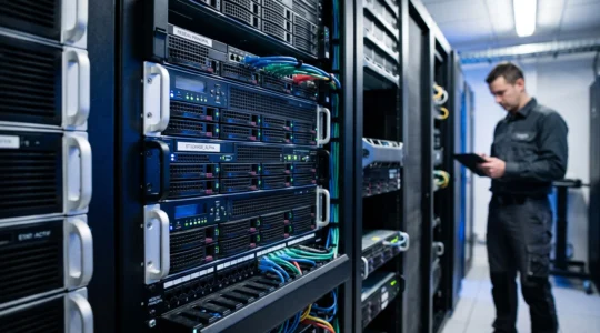 Rangées de serveurs rack professionnels montés dans une baie de datacenter moderne, avec LED de statut bleues et vertes, câblage réseau organisé et technicien en arrière-plan