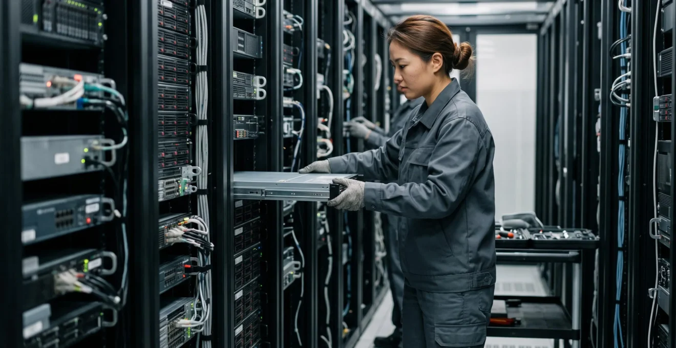 Technicien effectuant une intervention de configuration sur du matériel serveur dans un datacenter